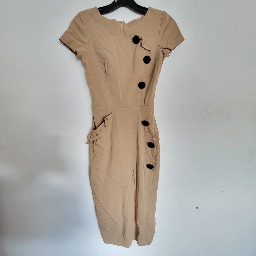 HYBRID Tan Button Front Cap Sleeve Bodycon Dress Size 6